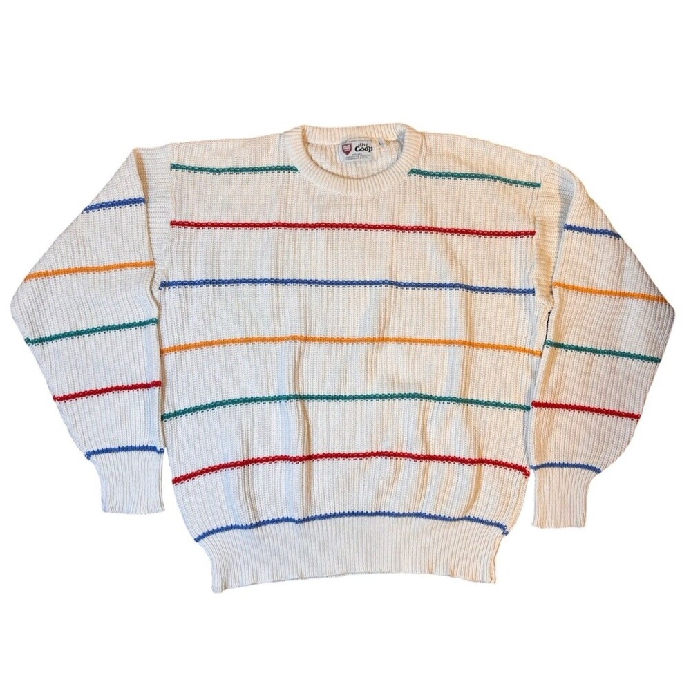 Vintage 80s Harvard Coop Rainbow Stripe Knit Sweater Pullover L XL Unisex